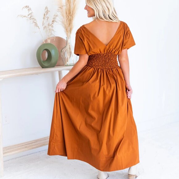 Fashion | Count Your Blessings Smocked Maxi Dress in Brown Camel - Picture 2 of 12